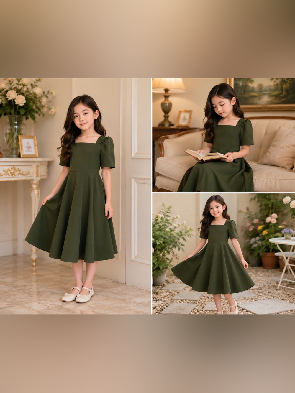 Elegant Olive Green L Filipiniana Dress for 4 to 5 year old Girl puffed sleeves